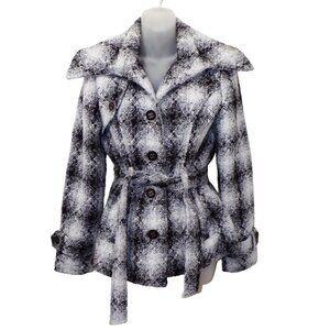 Sebby Collections‎ Belted Sparkle Tweed Plaid Woven Peacoat Jacket Coat M